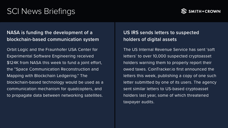 SCI News: 
• <a href="/NASA/">NASA</a> is funding the development of a blockchain-based communication system
• US IRS sends letters to suspected holders of digital assets

sci.smithandcrown.com
