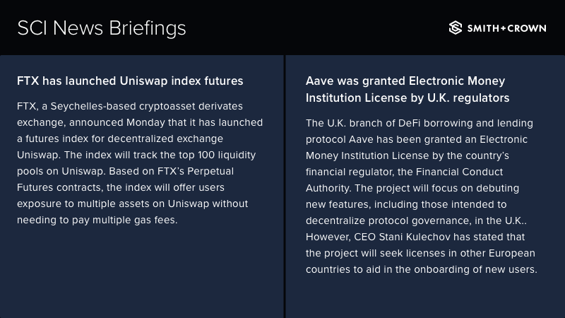 SCI News: 
• <a href="/FTX_Official/">FTX</a> has launched Uniswap index futures
• Aave was granted Electronic Money Institution License by U.K. regulators

sci.smithandcrown.com
