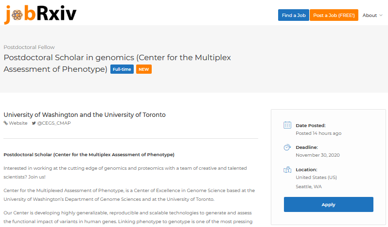 jobRxiv's tweet photo. #ScienceJobs:
Postdoctoral Scholar in genomics (Center for the Multiplex Assessment of Phenotype, @CEGS_CMAP)
University of Washington and the University of Toronto, Seattle, USA
https://t.co/GxRB0LAEbV
#Postdocs #deepmutationalscanning #molecularbiology #proteomics https://t.co/BcfC2DPdp7