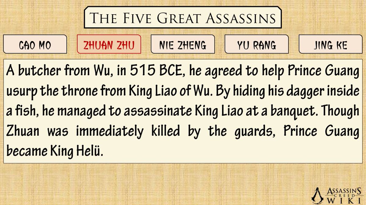 Here's a brief description of each of their deeds, explaining to us why Sima Qian posthumously honored them in his book.