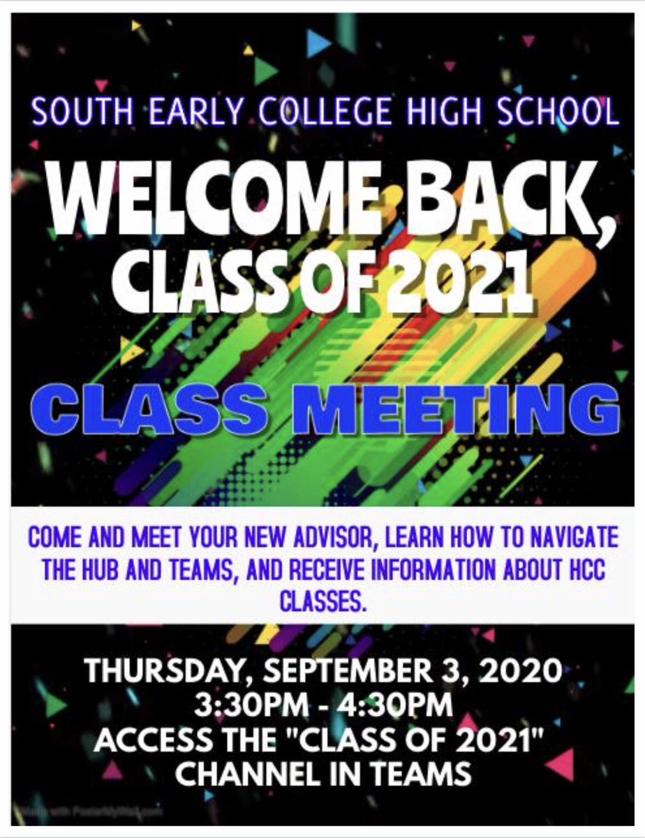 Class of 2021, we will be waiting on you Thursday, Sept. 3 from 3:30 pm until 4:30 pm on Teams. 
#WelcomeBacktoSECHS #bethelightinthedarkness