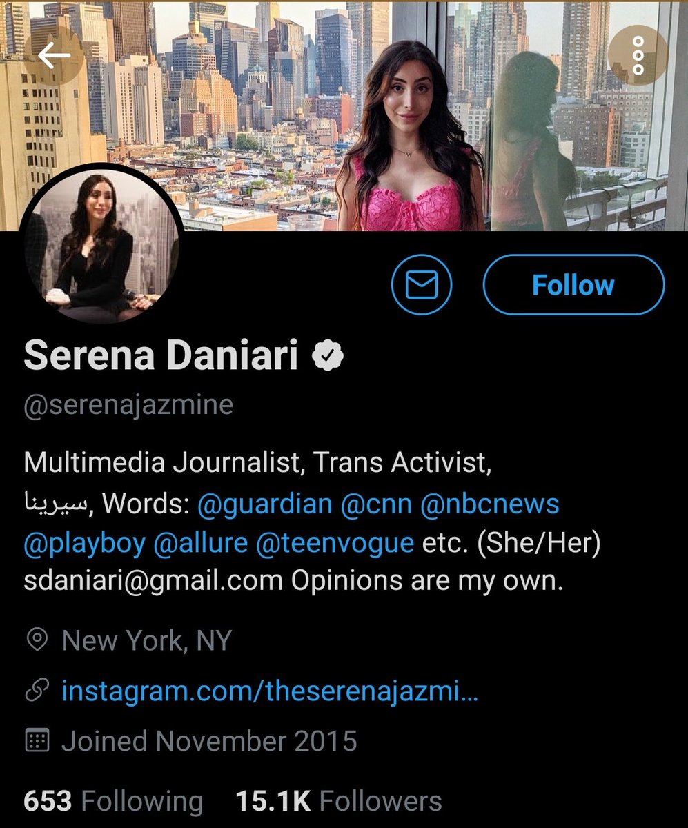 Writes for Guardian, CNN, Teen Vogue, and Playboy.What a surprise. https://twitter.com/serenajazmine/status/1299438754579570696?s=19