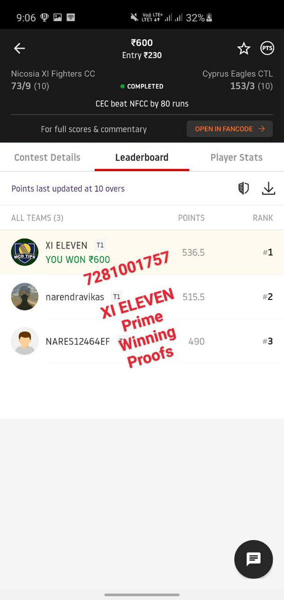 CricketOffice's tweet photo. We got 536.5 points in this match. ✌️✌️ Our on Vc =M. Khan worked properly in this match. 🏆🏆 Our on Pant paleyar = J.Morol worked properly in this match. 😍😍  XI ELEVEN FAMILY won easily in this match also. 👑👑Msg me for Prime Teams here on WhatsApp/Telegram (7281001757) https://t.co/ZLtmnWFdjs
