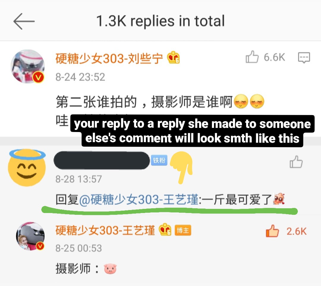 Like and reply to ALL the comments she makes on a post, whether it’s 1) a direct comment or 2) a reply to someone else’s comment. Reply with smth different each time so it isn't seen as spam. If she posts a Weibo story, do the same like/comment/repost you'd do for a Weibo post