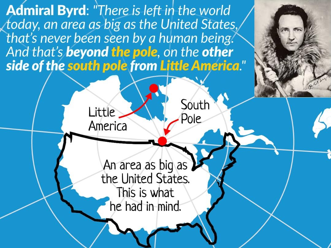 The big question is, do humans (or other beings) live on those 33 continents beyond the ice wall?Most likely they do. Even the great Antarctic explorer, Admiral Richard Byrd, reportedly flew past the ice wall and some say made contact with beings there. 