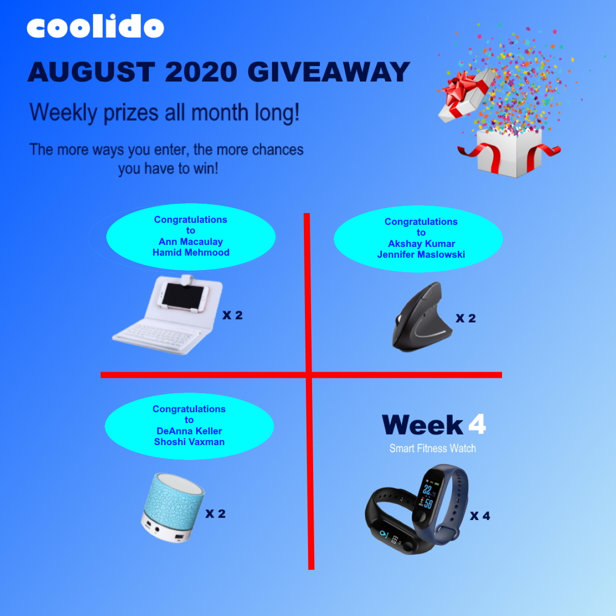 CoolidoShop's tweet photo. Last chance to enter the August Giveaway! The deadline is Aug 29 - 1PM EST. 4 winners will each win a smart fitness watch! Enter here: https://t.co/cHvNMKHPHW

#Giveaway #Sweepstakes #sweeps #Giveaways #ContestAlert #contestgiveaway #contest2win https://t.co/DFrc5wc7La