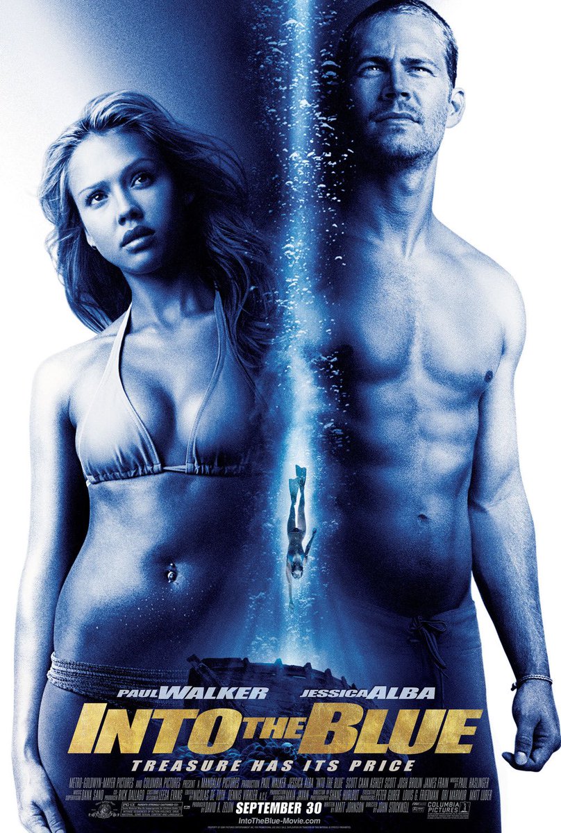 Into The Blue (2005)Starring Paul Walker, Jessica Alba, Josh BrolinA couple discovers a shipwreck containing bags of cocaine, gaining the attention of a drug kingpin. 