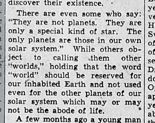 Interestingly, that was not the first article where science journalist Martha G. Morrow mentioned the public's idea of a "planet". In 1943, there was a claimed discovery of an exoplanet (later proven a spurious measurement). Martha wrote the following about peoples' reactions: