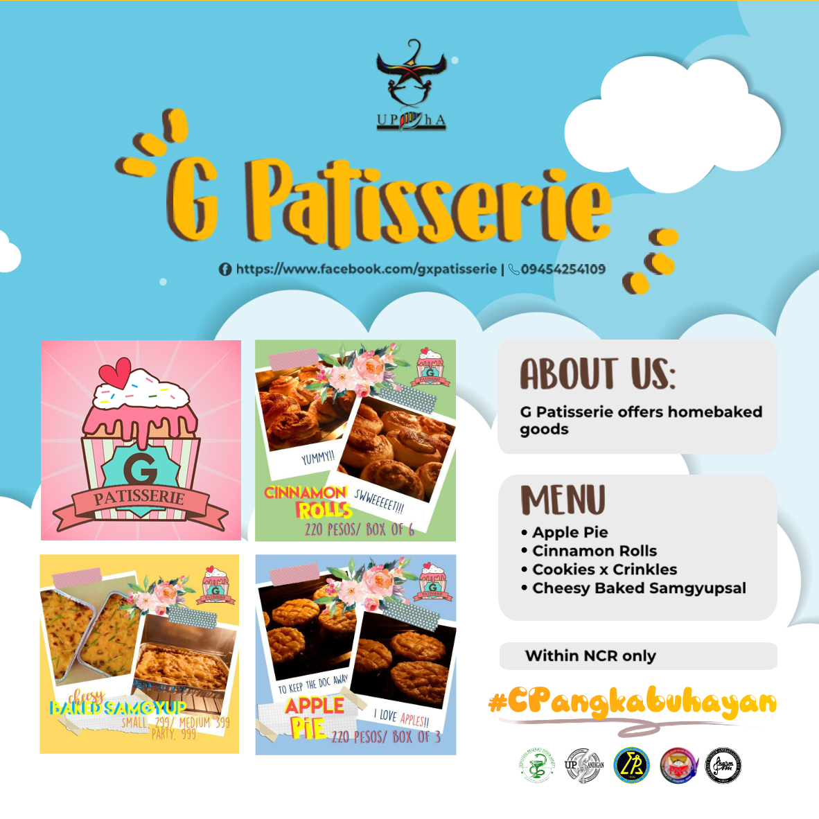 G Patisserie offers homemade baked goods from Apple Pie, Cinnamon Rolls, CookiesxCrinkles to Cheesy Baked Samgyupsal. If you’re within NCR, you can avail their products by contacting them through their Facebook page.

#CPangkabuhayan
#SupportLocalBusinesses

Pub by <a href="/jvcabrera_/">jv</a>