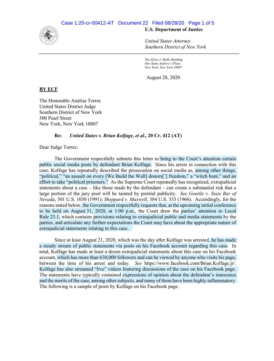 Brian Koflage’s inflammatory social media, the Govt‘s letter to the Court“...among other things, “political,” “an assault on every [We Build the Wall] donors[’] freedom,” a “witch hunt,” and an effort to take “political prisoners.” https://ecf.nysd.uscourts.gov/doc1/127127497518 https://www.facebook.com/Brian.Kolfage.jr/