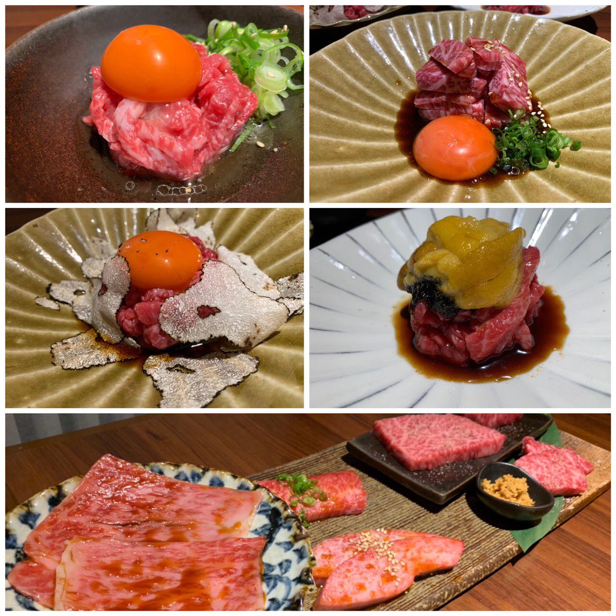 86rvk's tweet image. 『焼肉ダイニング 甲(キノエ)』in京都

○トリュフユッケ
○特選モモ肉のユッケ
○近江牛ユッケ・塩ユッケ
○雲丹と海苔のユッケ

この４つのユッケ美味すぎた✨✨