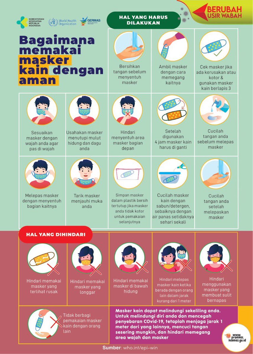 Menggunakan masker dengan baik dan benar adalah salah satu upaya untuk melindungi diri dan sesama dari potensi penularan COVID-19. Lantas, bagaimana cara memakainya agar efektif saat digunakan? 

Simak dalam infografis berikut ya 😊

#selalupakaimasker