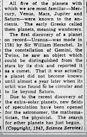 Morrow then reminded her readers that the original Greek meaning of "planet" was "wanderer". So even back in 1943, science reporters were talking about the definition of "planet" in a confusing milieu of ideas between the scientists and the public. /END