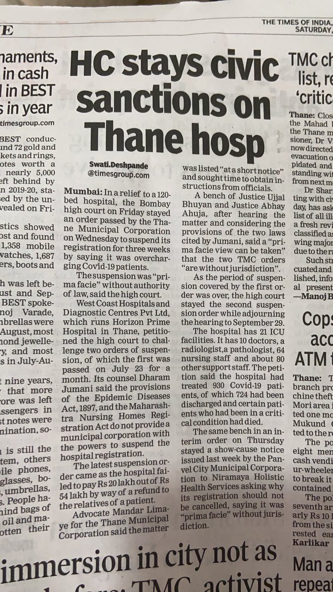 In Thane, Horizon Prime Hospitals license was suspended for a month. After a month TMC further extended the suspension by another three weeks. Yesterday they too got relief from the High Court. Many hospitals and associations across the state are now planning to file petitions.