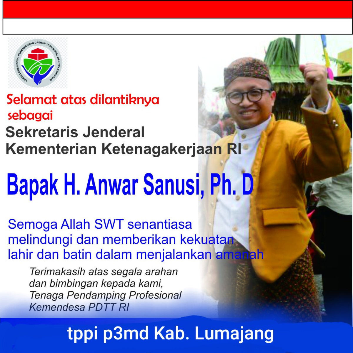 MochUmar19's tweet photo. Selamat Bapak Anwar Sanusi, Ph.D. sebagai Sekjen Kemenaker RI
#AnwarSanusi
#tppijatim

Dan terima kasih atas bimbingan &amp; arahan selama melaksanakan tugas di Kemendesa serta kepada kami #tppilumajang

@jokowi 
@halimiskandarnu 
@idafauziyah
@KemenDesa 
@Kemenaker_id 
@kpw4jatim. https://t.co/WtSFhK5H0V