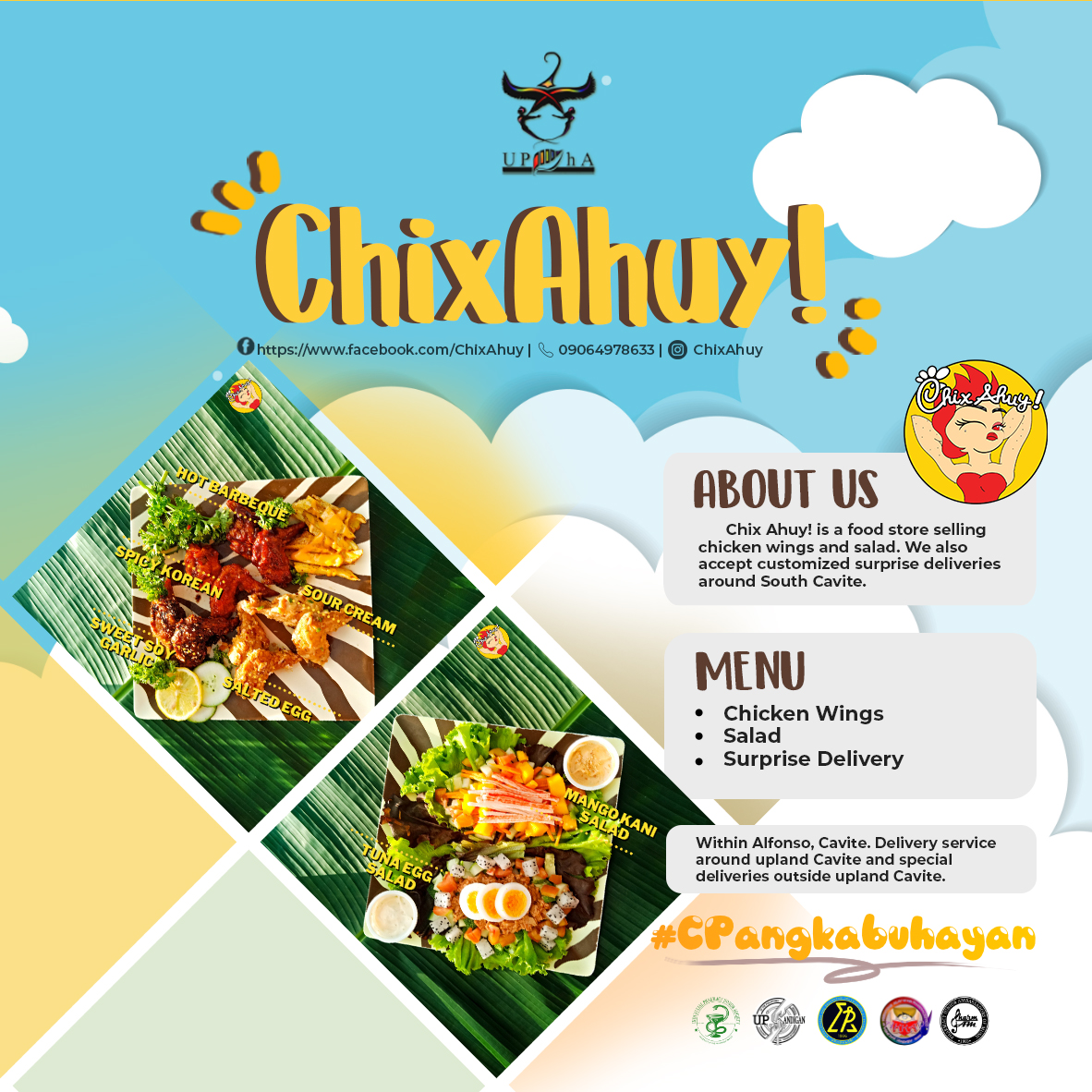 Chix Ahuy is a food store located in Alfonso, Cavite that sells chicken wings, salad, and surprise deliveries. They offer various flavors of chicken wings like Hot Barbecue, Sour Cream and Spicy Korean. Visit their Facebook and Instagram account to order!

Pub by <a href="/jvcabrera_/">jv</a>