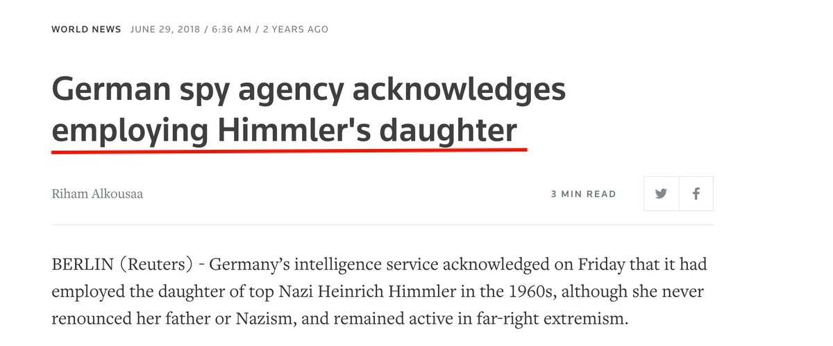 Once again, not surprising.  https://www.reuters.com/article/us-germany-nazis/german-spy-agency-acknowledges-employing-himmlers-daughter-idUSKBN1JP1BO