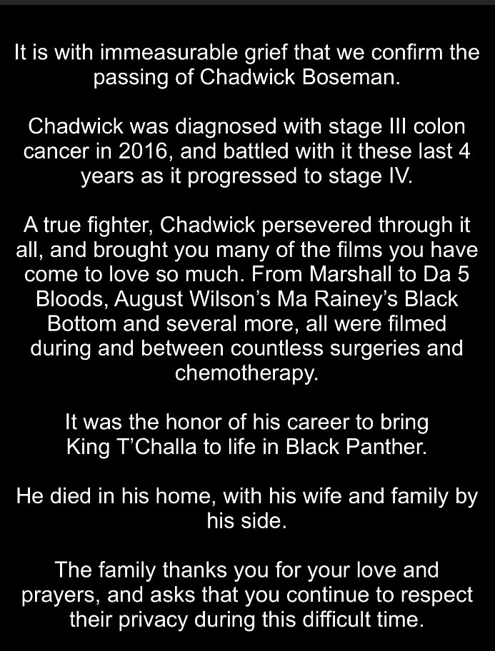 10C_HP's tweet photo. Praying for #ChadwickBoseman family - saddened by the news of his passing. https://t.co/zyDQtvCtJp