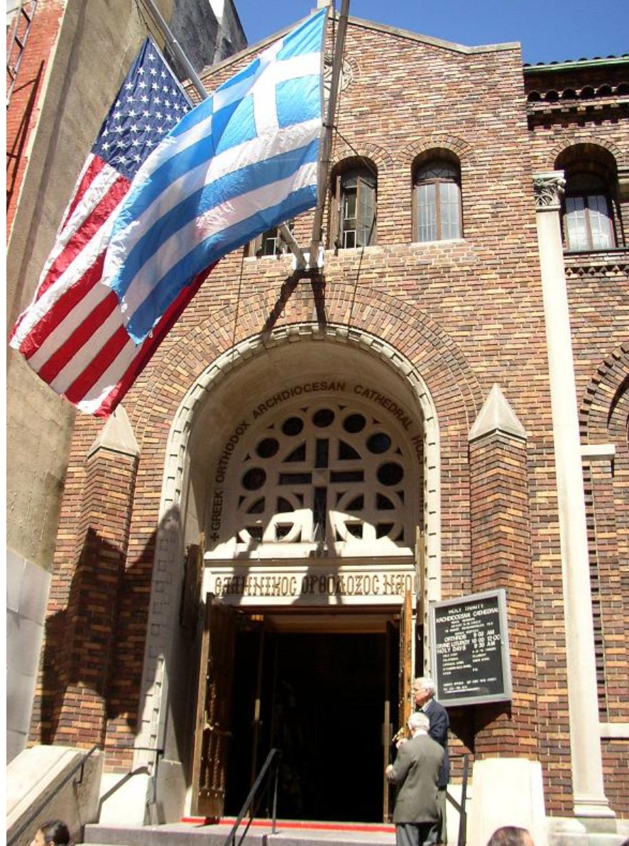 Greek Orthodox Archdiocesan Cathedral of the Holy Trinity in NYC flying the GREEK flag (like many Greek churches. There is mounting evidence according to HRW that Greece is secretly expelling thousands of migrants. Anyone spray-painting its grounds with "Let Migrants In"? No. 3/