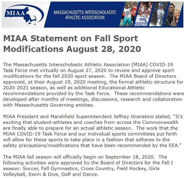 MIAA033's tweet photo. The #MIAA announces Fall 2020 Rules Modifications and Guidelines.   Thank you to members of the Task Force, Sports Medicine Comm. &amp; sport representatives for the time &amp; effort. #OneTeamOneMIAA  @MSSADA9 @msaa @MarshfieldSuper 

==>https://t.co/IjVDBoBfZD https://t.co/kAt70VIhyu