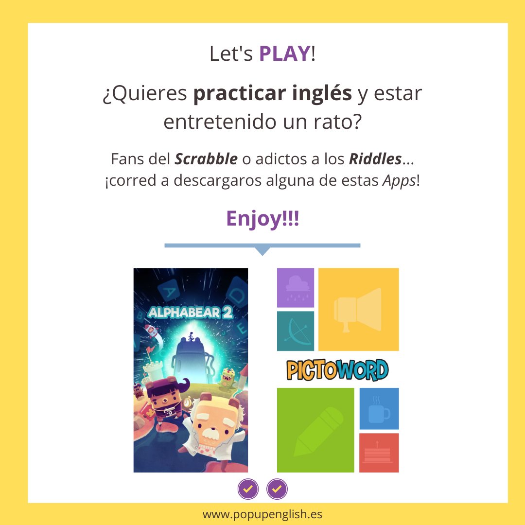 PopUpEngC's tweet photo. 🎲Saturday... Let’s play!!!
Os comparto un par de propuestas para practicar inglés😉
Enjoy!🥳
#learningenglishiscool #aprenderingles #inglesonline #aprendeingles #clasesdeingles #inglesparaadultos #inglesparanegocios #estudiaingles #learningenglishonline #inglesencasa #zaragoza https://t.co/3LpIIx2edD