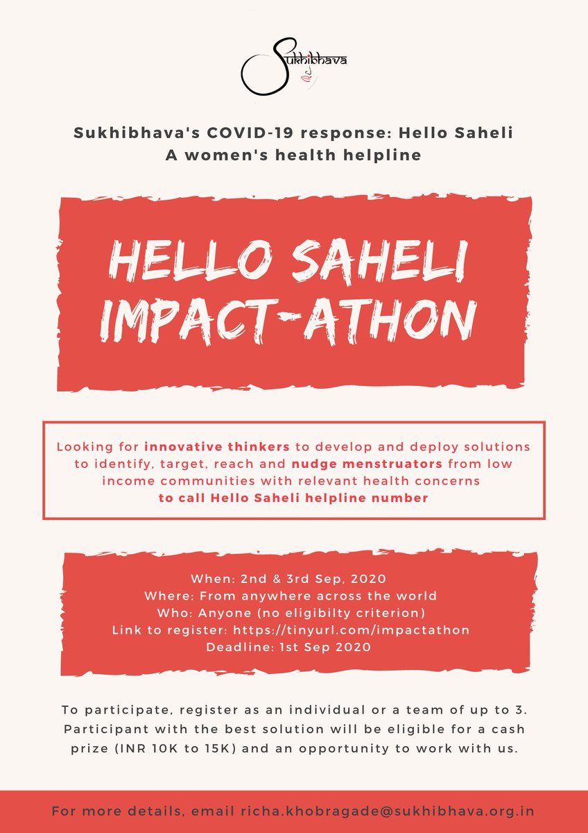 Sukhi_bhava's tweet photo. Hello!

For rapid, efficient and wider outreach, we are conducting a two-day Impact-athon for innovative thinkers to develop and implement solutions to identify women from low income communities with relevant health concerns and nudge them to call the helpline. #HelloSaheli https://t.co/t2xUl0smRS