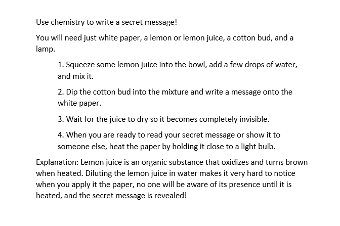 WorcsLibraries's tweet photo. Become both scientist and spy in this week's Silly Science Saturday! π΅οΈπ€«π Use chemistry to write a secret message! You just need white paper, lemon, a cotton bud, and a lamp. #STEM #STEAM #LibrariesFromHome #SillyScienceSaturdays #SillySquad2020 #SummerReadingChallenge https://t.co/LMZLFG0ys6