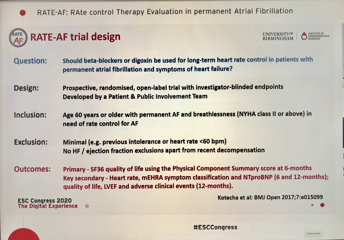 DocDirkules's tweet image. DIGOXIN is BACK! #RateAF trial. RCT: Bisoprolol vs Digoxin in permAF: similar HR reduction, BUT better daily functioning, better NYHA class/NT-proBNP and less clinical events. #Epeeps #cardiotwitter #ESCCongress