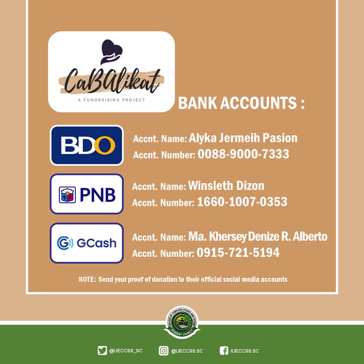 ueccss_sc's tweet photo. In times of need, we should support each other.
CaBAlikat Project is open for Donations: 
BDO: Alyka Jermeih Pasion - 008890007333
PNB: Winsleth Dizon - 166010070353
GCASH: Ma. Khersey Denize R. Alberto - 09157215194 https://t.co/cleo8I5rAw