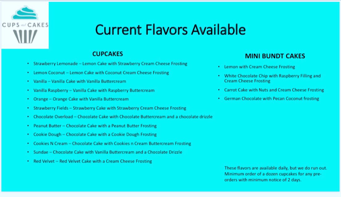 We are in the process of creating a website and have been  asked for our menu. Here is our current flavors. #menu #cupsncakes2020 #cakeflavors #minibundtcakes #cupcakes