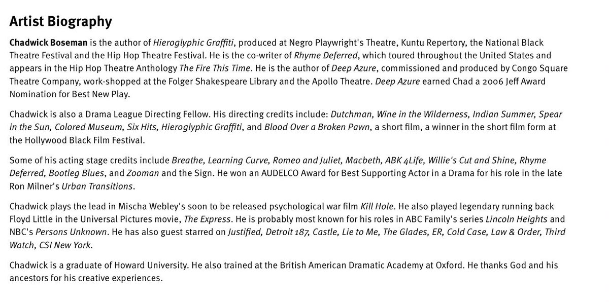 The bio page for Chadwick Boseman’s 2014 play, Deep Azure. A man who truly contained multitudes & never stopped creating.