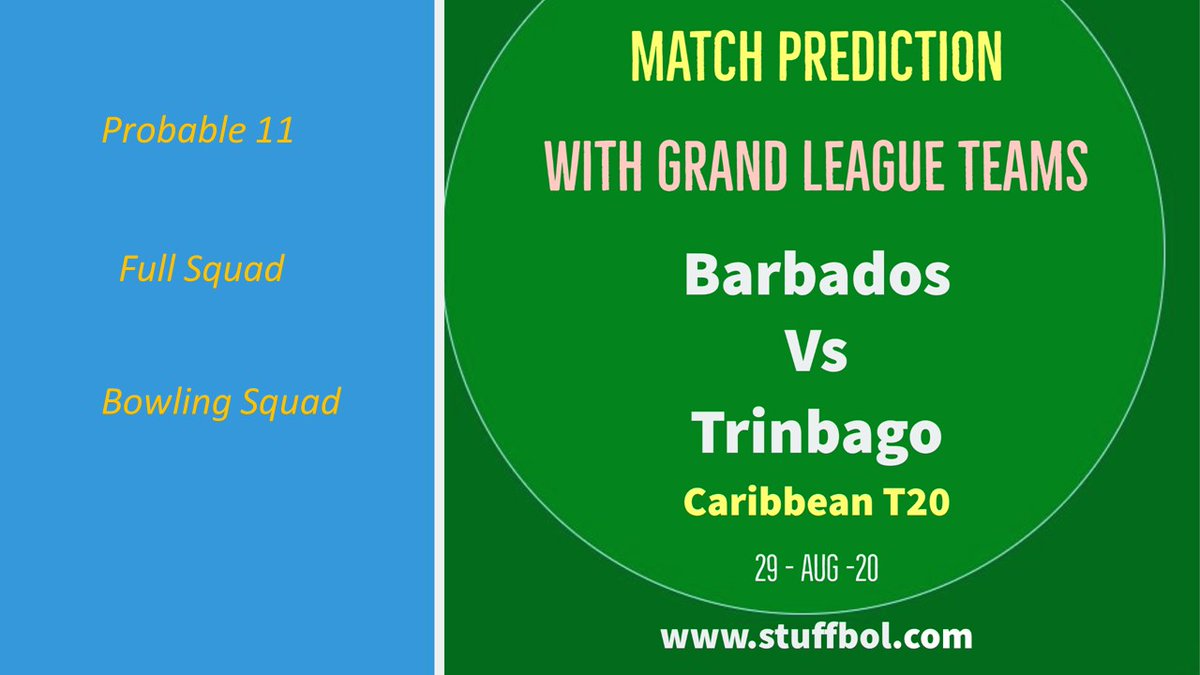 StuffBol's tweet photo. Click the link here --> https://t.co/5CgLEyyTWt <--

For Match Prediction and Brand League Teams of Barbados V Trinbago

#CPLT20 #CPL #CricketPlayedLouder #CPL2020 #BTvTKR #BARvTKR #TKRvBT #TKRvBAR https://t.co/77hHYBlyTP