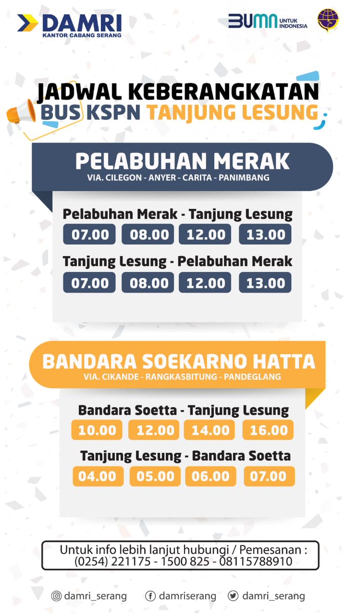 damri_serang's tweet photo. #InfoJadwal Bus KSPN Tanjung Lesung;
• Merak - Tanjung Lesung (via. Cilegon - Anyer - Carita - Panimbang)
• Bandara Soekarno Hatta - Tanjung Lesung (via. Cikande - Rangkasbitung - Pandeglang)
#AyoNaikDAMRI #DAMRIIndonesia https://t.co/7afHt1lI3Z