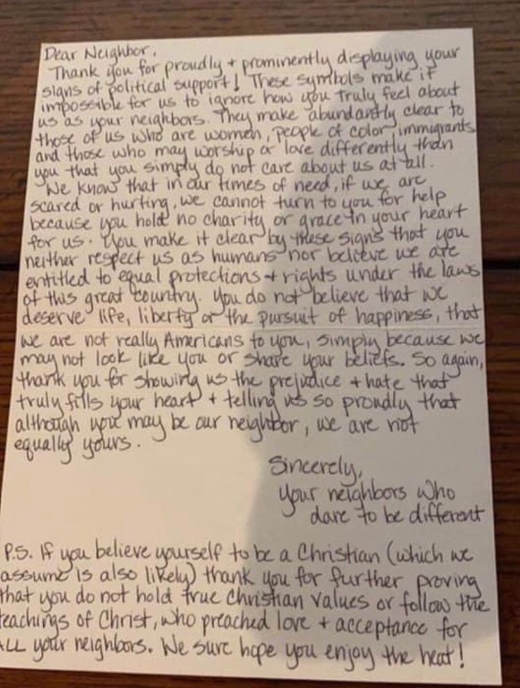 guypbenson's tweet photo. A friend texts me this letter. It was left on their neighbor’s home because they have a Trump sign in their yard. The bad people here are those who wrote/approved this trash. The author(s) should look at themselves 🗑 https://t.co/uhSXbCxMgm