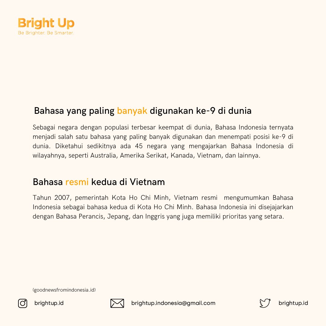 BrightUp_id's tweet photo. Brighters, kalian tahu gak kalau Bahasa Indonesia ternyata pernah digunakan dalam acara resmi pelantikan pejabat pada sebuah kota di Amerika Serikat, lho! Cari tahu fakta menarik lainnya pada  tweet ini ya!
#BrightUp #BrightUpIndonesia https://t.co/GBYnFwcXsB