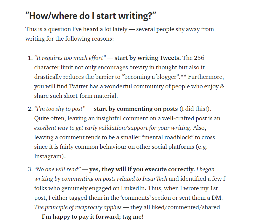 I frequently get asked - "How do I start writing" but I've noticed folks hit 3 (mental) roadblocks:- "Too much effort" (start on Twitter)- "Too shy to go public" (start in comments)- "No one will read" (engage as ^ to build your network; tag me!)