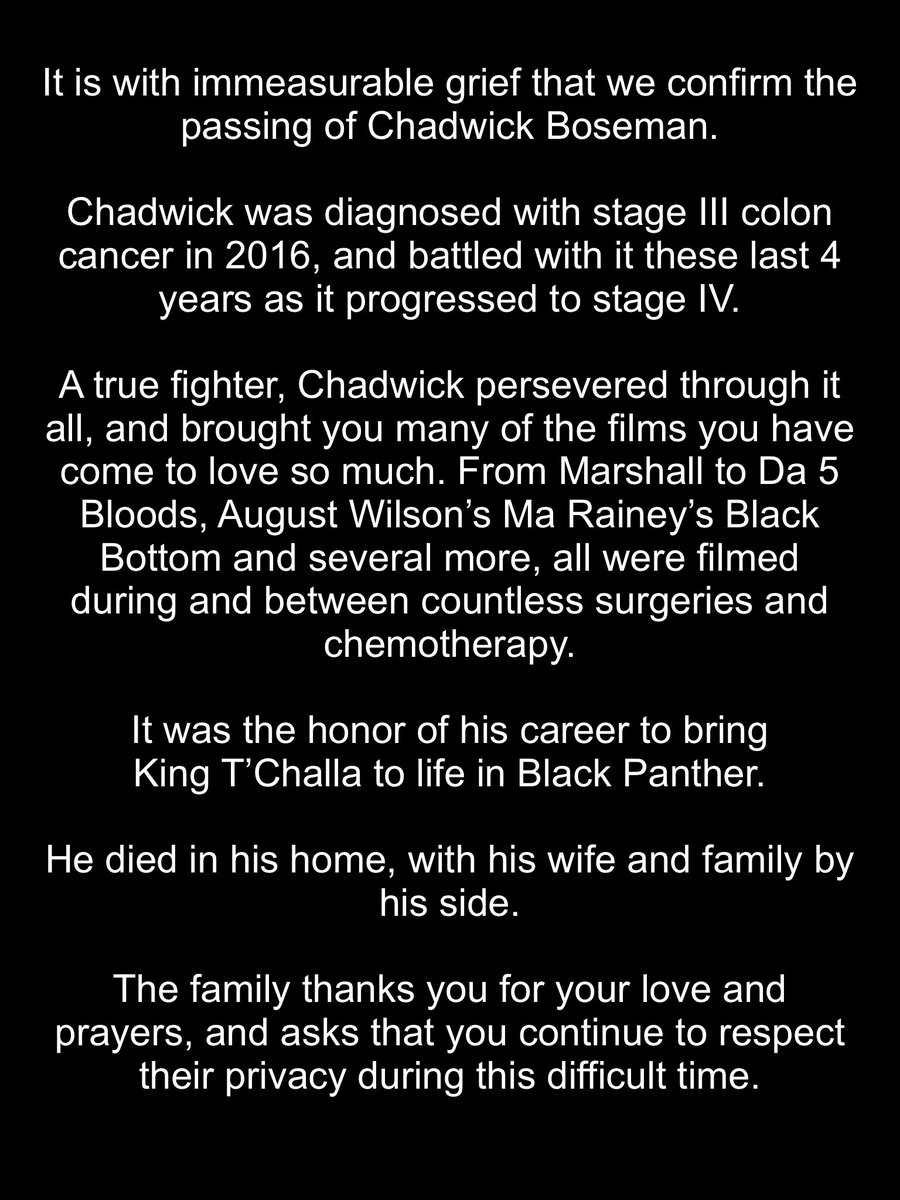justeventsonlin's tweet photo. #DeathAlert
Chadwick Boseman, the star of Black Panther has sadly passed away after a four-year battle with colon cancer.
Rest in Power King T’Challa
- Chadwick Boseman(1977-2020) https://t.co/uGTrmKdJKj