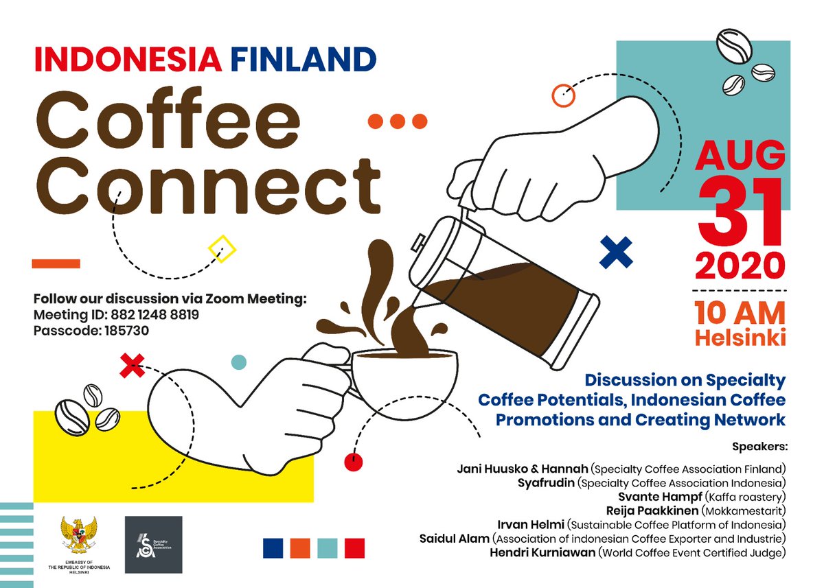 Yhteistyökumppanimme Indonesian suurlähetystö järjestää webinaarin kahvista 31.8.2020! ☕️ Keskusteluissa mukana suomalaisia pienpaahtimoita sekä suomalaisia ja indonesialaisia kahviammattilaisia. Osallistu: us02web.zoom.us/j/88212488819?…
#helsinkicoffeefestival #parempaakahviakaikille