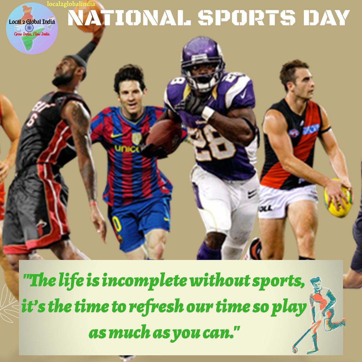 Local2GlobalInd's tweet photo. National sports day is celebrated every year on 29 August. Due to pandemic, this year our honourable president Mr. Ram Nath Kovind will give National Sports and Adventure Awards virtually on the occasion of sports day.
#local2globalindia
.
.
#sportsday #sports #sport  #succergame https://t.co/zDDQ8kSgVg
