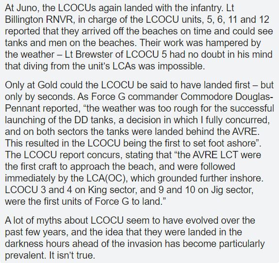 Reports were filed by the senior LCOCU officers on each beach. They all detail the landing times and make it clear that they landed with the main invasion – not hours before it. Here's my reply on the original Facebook post which summarises the reports. 4/11