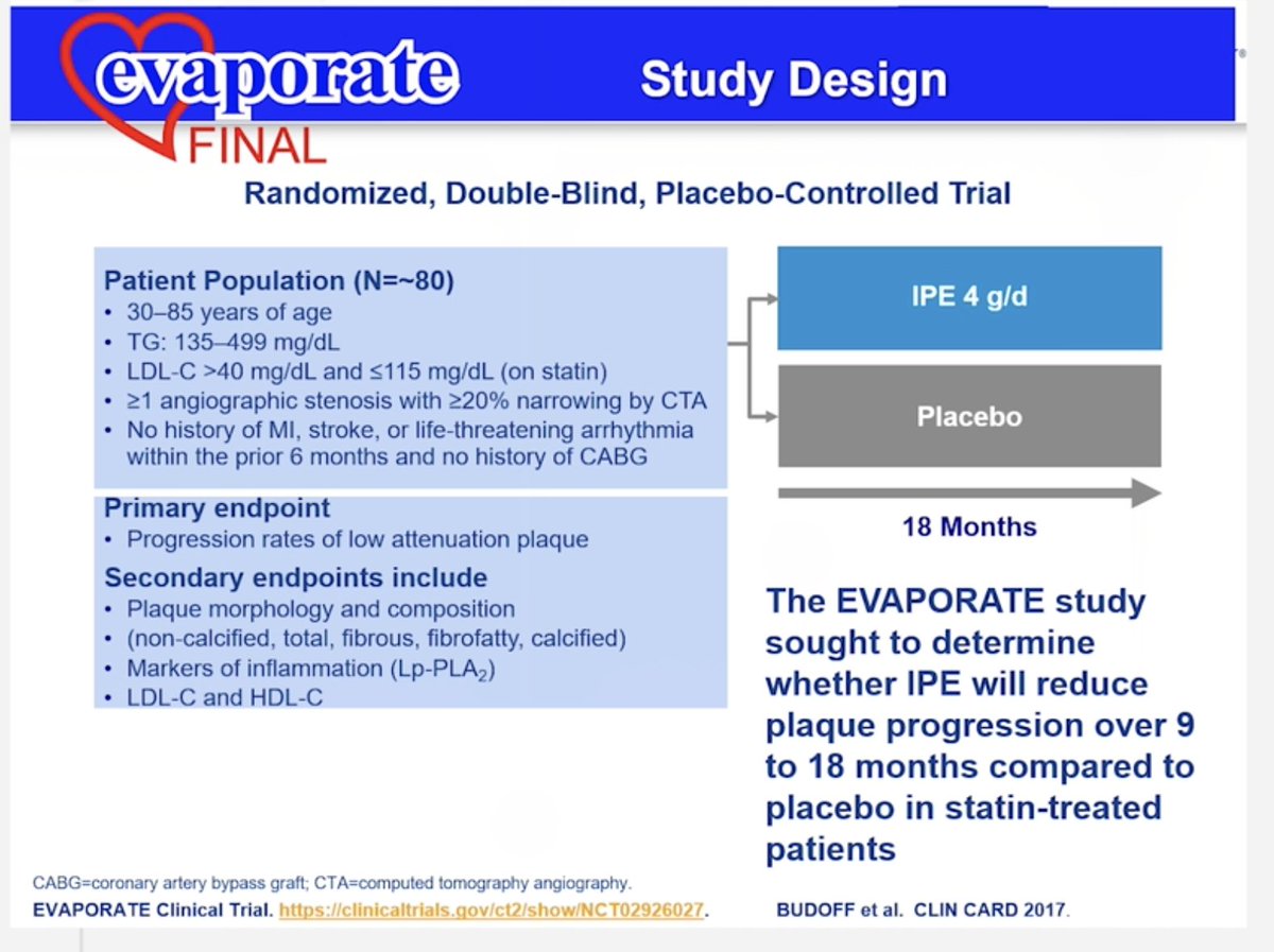 DrMarthaGulati's tweet image. #ESCCongress #EVAPORATE result being presented now! @BudoffMd 
♥️Study designed to look at effect of EPA on plaque progression using CTA at baseline/9m/18m vs placebo
♥️Small study size but powered to assess endpoint
♥️Significant reduction in plaque quantity in EPA  vs placebo