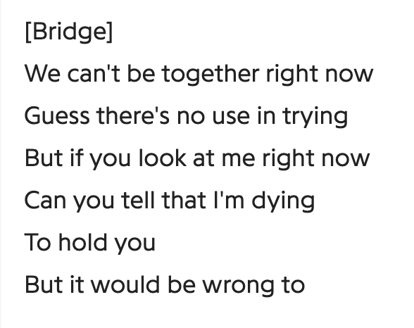 Wait for Me"Don't you look in my eyesI might fall in loveWith a beautiful boyI wish that I could touchYou go I hope you think of meAs the stars fall down and the heavens fadeThis girl is begging wait for me"omg i just need to screenshot skjfbsbds