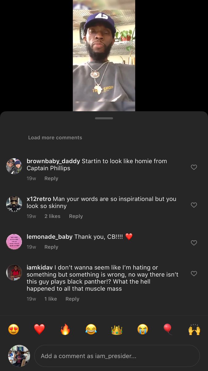 So I was watching this video of Chadwick Boseman before he died and I realized something. These comments are the representation of social media today. ‘People genuinely showing concern, People not showing emotions with jokes’. Social media is something else . RIP BLACK PANTHER