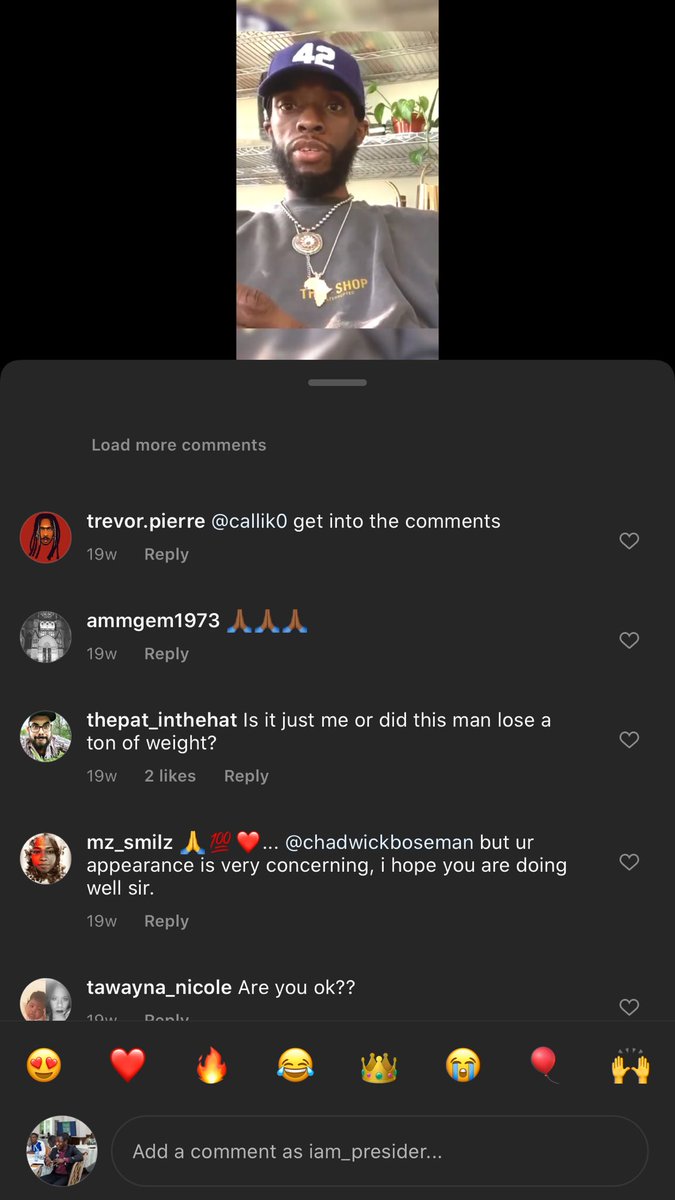 So I was watching this video of Chadwick Boseman before he died and I realized something. These comments are the representation of social media today. ‘People genuinely showing concern, People not showing emotions with jokes’. Social media is something else . RIP BLACK PANTHER