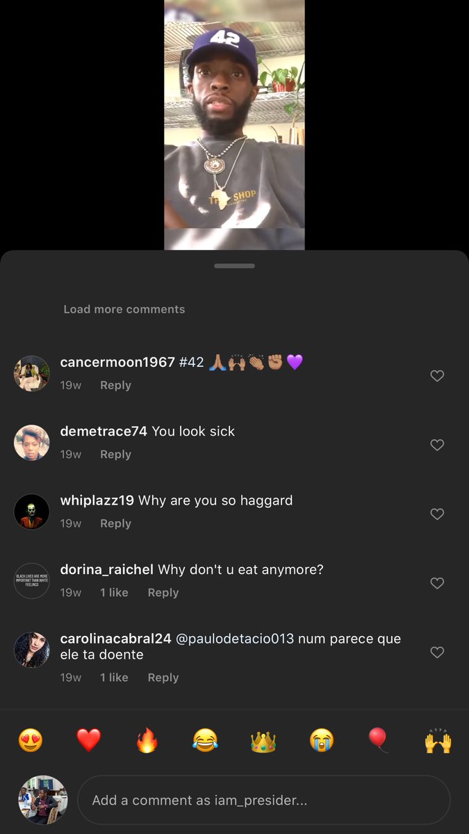 So I was watching this video of Chadwick Boseman before he died and I realized something. These comments are the representation of social media today. ‘People genuinely showing concern, People not showing emotions with jokes’. Social media is something else . RIP BLACK PANTHER