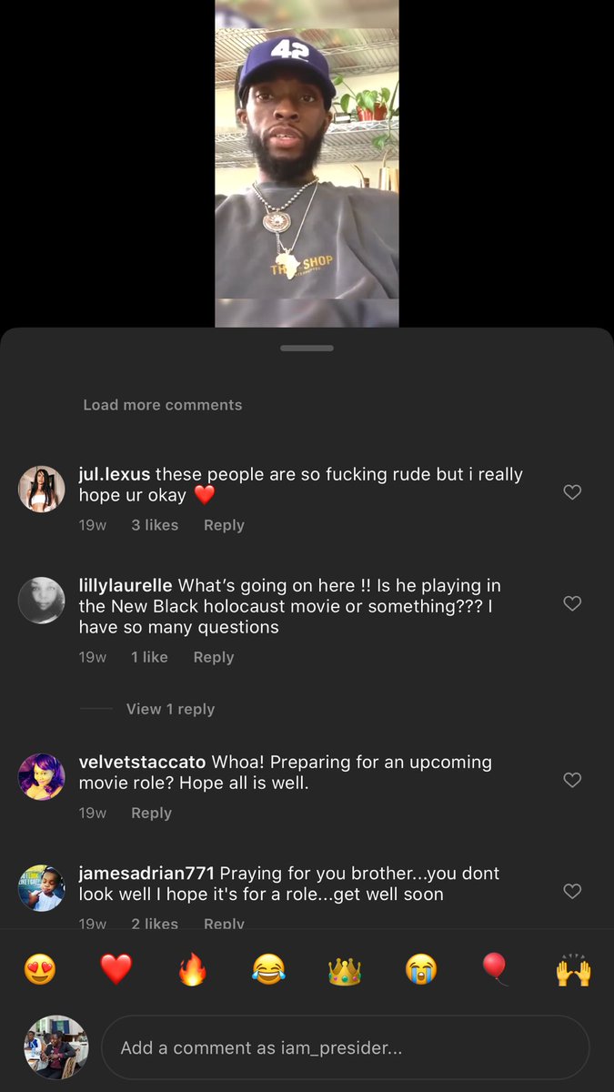 So I was watching this video of Chadwick Boseman before he died and I realized something. These comments are the representation of social media today. ‘People genuinely showing concern, People not showing emotions with jokes’. Social media is something else . RIP BLACK PANTHER