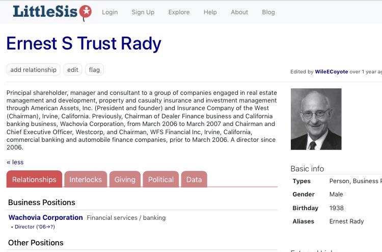 112/ ERNEST RADYReal EstateGives to Republicans like W, but 70+% goes to esoteric PACs like Natl Wholesale Beer $200m to Children’s Hospital, & various other charitiesKeeps a low profile, politics-wise & otherwise