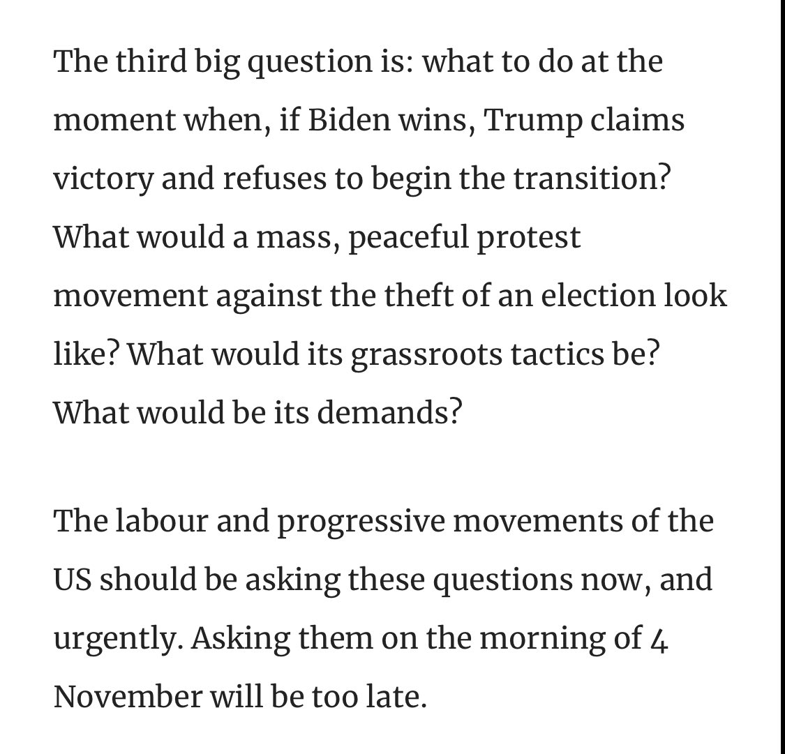 4/ I see no public leadership from the US progressive/ left right now - only protest. But protest has to be harnessed to a strategy - while the word "strategist" has come to mean the opposite of what's now needed...  https://www.newstatesman.com/world/north-america/2020/08/democrats-need-plan-stop-donald-trump-stealing-election
