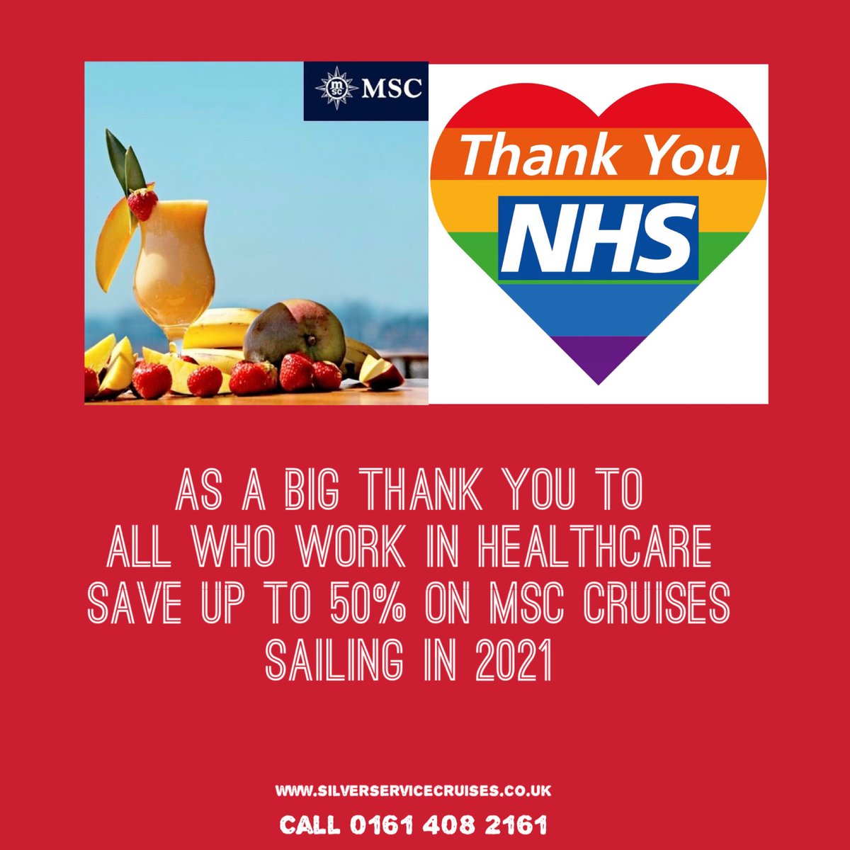 Are you a Healthcare worker?  We and <a href="/MSC_Cruises_UK/">MSC Cruises UK</a> cruises recognize and thank you for your wonderful work during the difficult time.  So we offer ALL healthcare workers a DISCOUNT OF UP TO 50% on MSC cruises sailing in 2021!

TO REGISTER  CLICK BELOW

…servicecruises.cruiseholidaysuk.co.uk/pre-registrati…