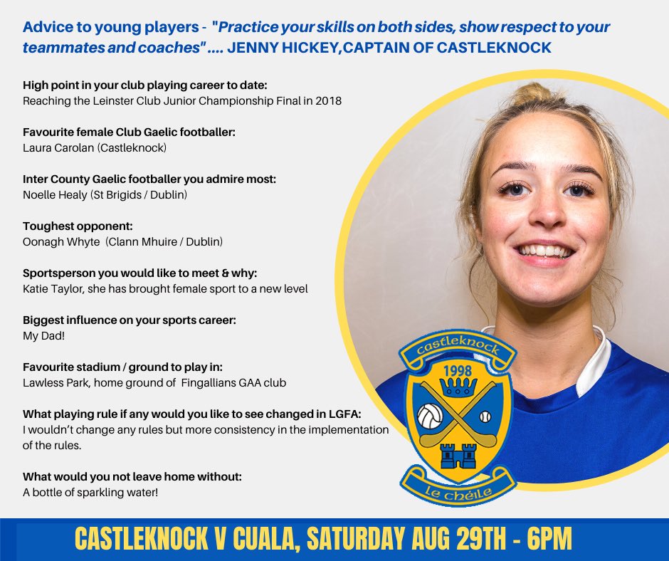 dublinladiesg's tweet photo. Ahead of tonights Inter Championship final we caught up with @CastleknockGAA captain Jenny Hickey &amp; asked her a few Q’s 

Dublin LGFA will be LIVE streaming the FInal, link details to the stream will be posted prior to throw in (6pm) on our social media platforms #ClubisFamily https://t.co/y5JXxUD5Db